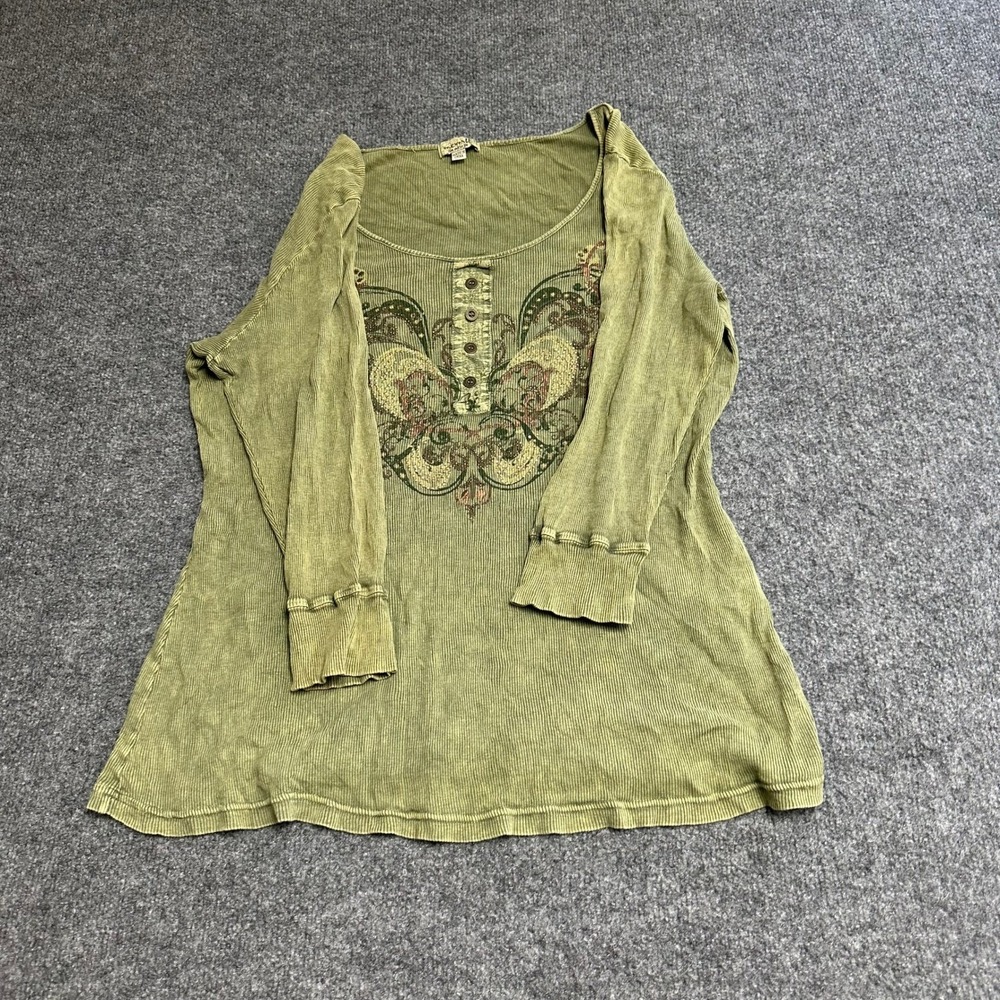 One World Top Womens Size 2 Green Henley Ribbed Cotton Butterfly Graphic Casual